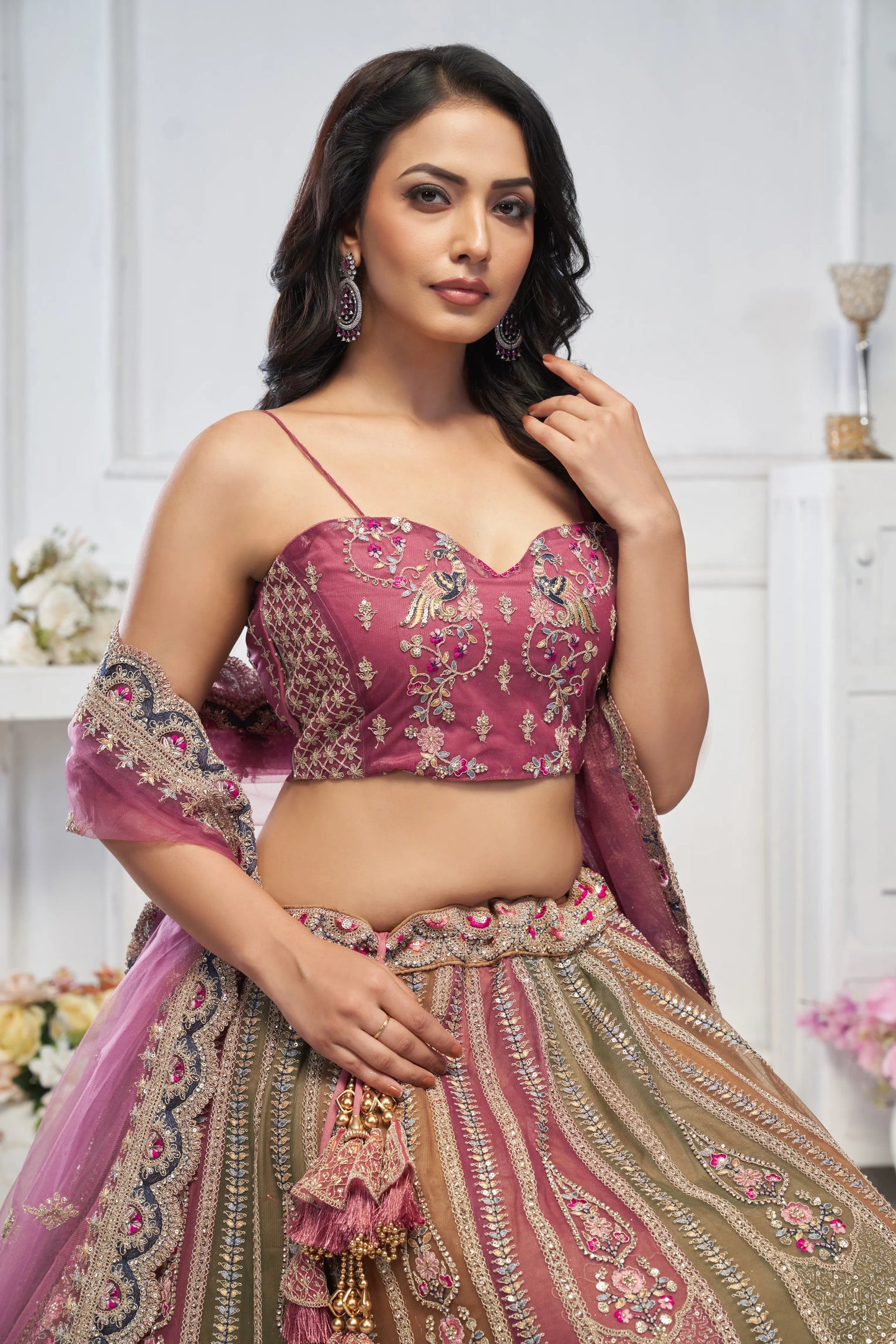 Majestic Multi-Color Zari Weaving Net Lehenga Choli With Dupatta