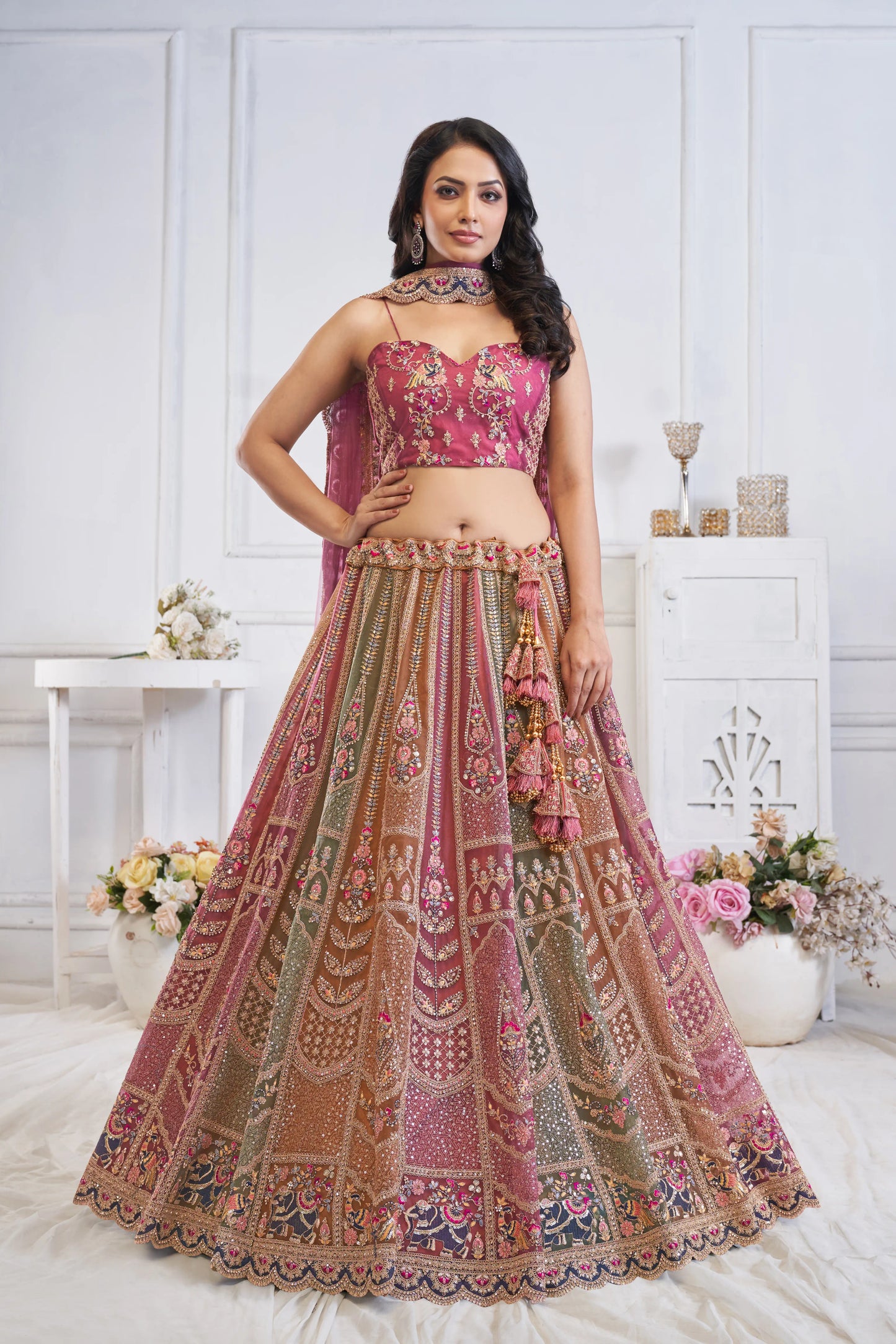 Majestic Multi-Color Zari Weaving Net Lehenga Choli With Dupatta