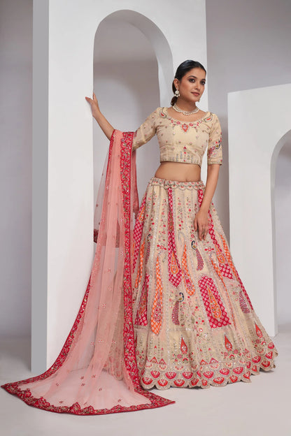 Paisely motifs beautiful peacock embroidered in Bright Cream bridal lehenga choli set