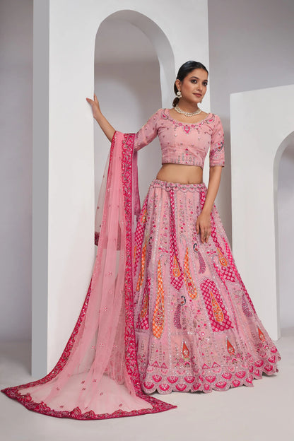 Elegenat Peacock and Paisely motifs rose Pink  Silk color traditional lehenga choli