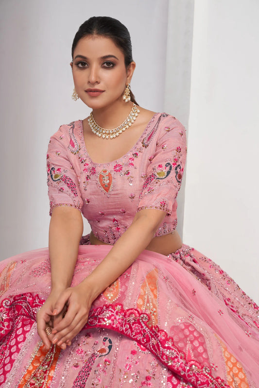 Elegenat Peacock and Paisely motifs rose Pink  Silk color traditional lehenga choli