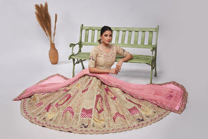 Ivory Orgenza Silk intricate paisley Motifs traditional  embroidered  wedding Lehenga.