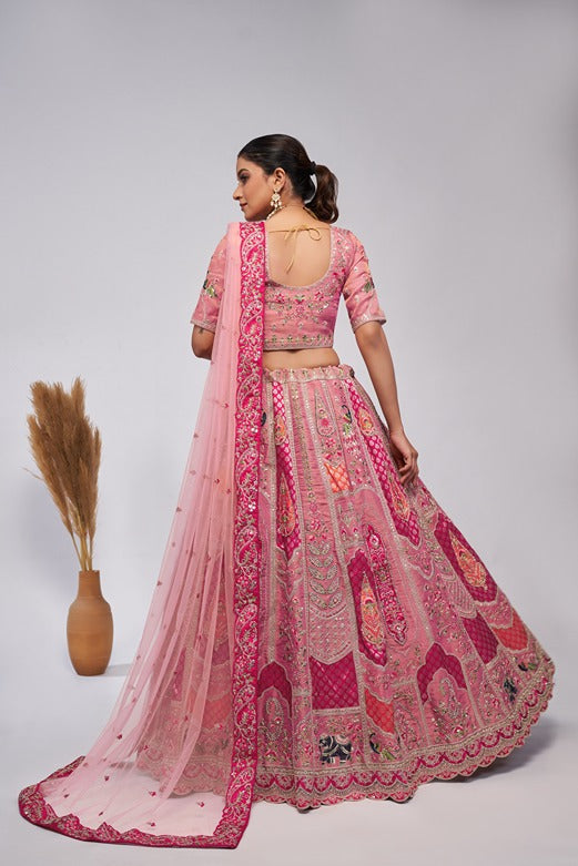 Pretty Pink Silk intricate paisley Motifs traditional embroidered  wedding Lehenga.