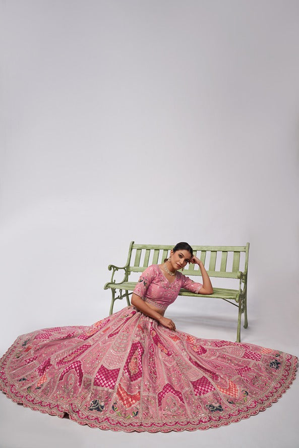 Pretty Pink Silk intricate paisley Motifs traditional embroidered  wedding Lehenga.