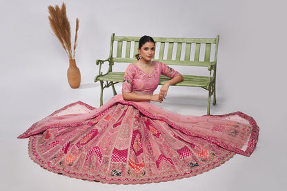 Pretty Pink Silk intricate paisley Motifs traditional embroidered  wedding Lehenga.