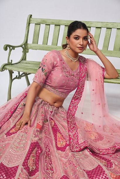 Pretty Pink Silk intricate paisley Motifs traditional embroidered  wedding Lehenga.