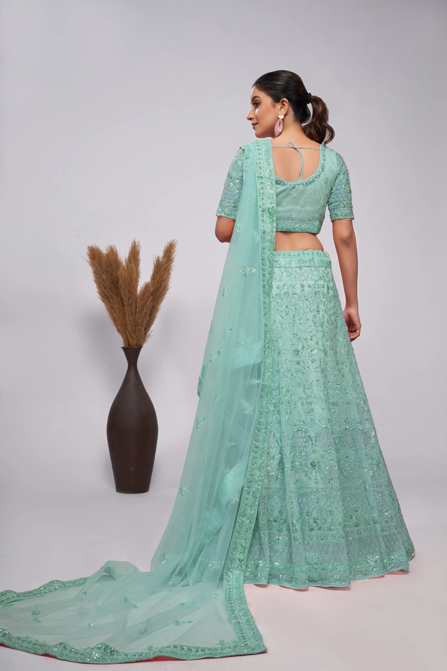 Light Green sequins adorned with pearl and sequins Intricate Embellishments for beautiful bride