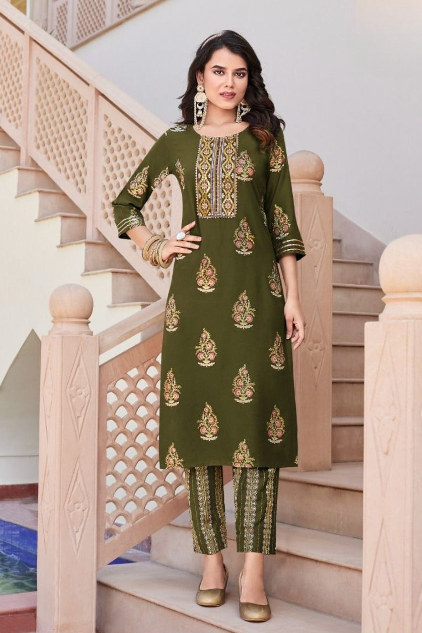 Fluid Fashion Liva Rayon Gold Printed Embroidery Kurti Pant with Pocket