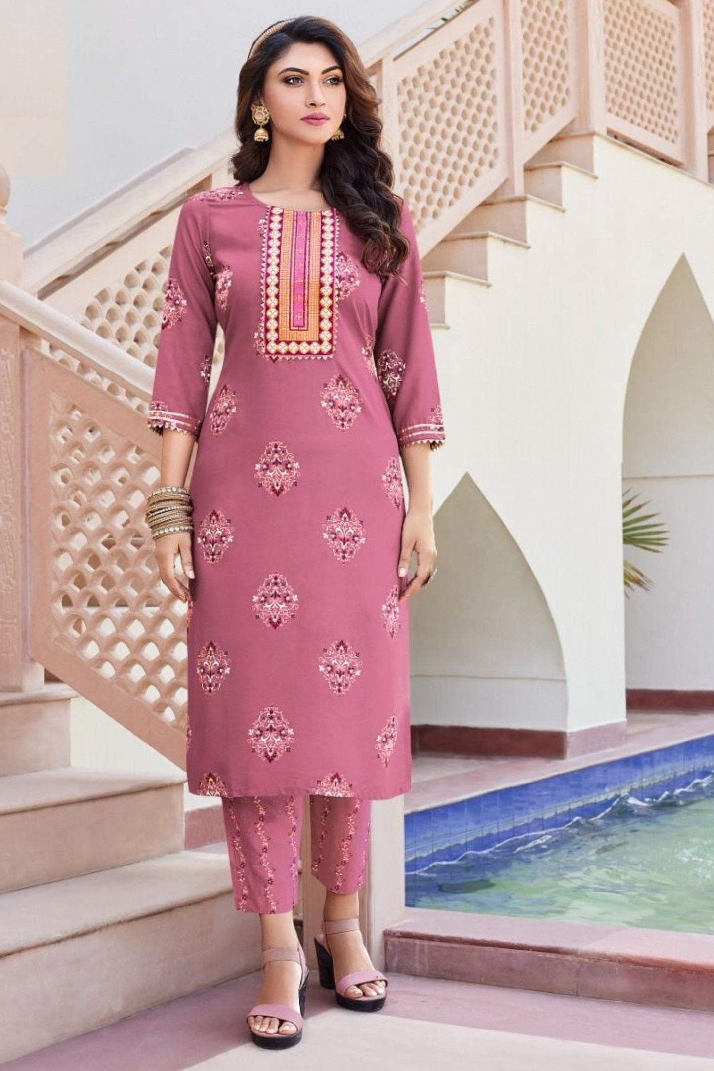 Fluid Fashion Liva Rayon Gold Printed Embroidery Kurti Pant with Pocket