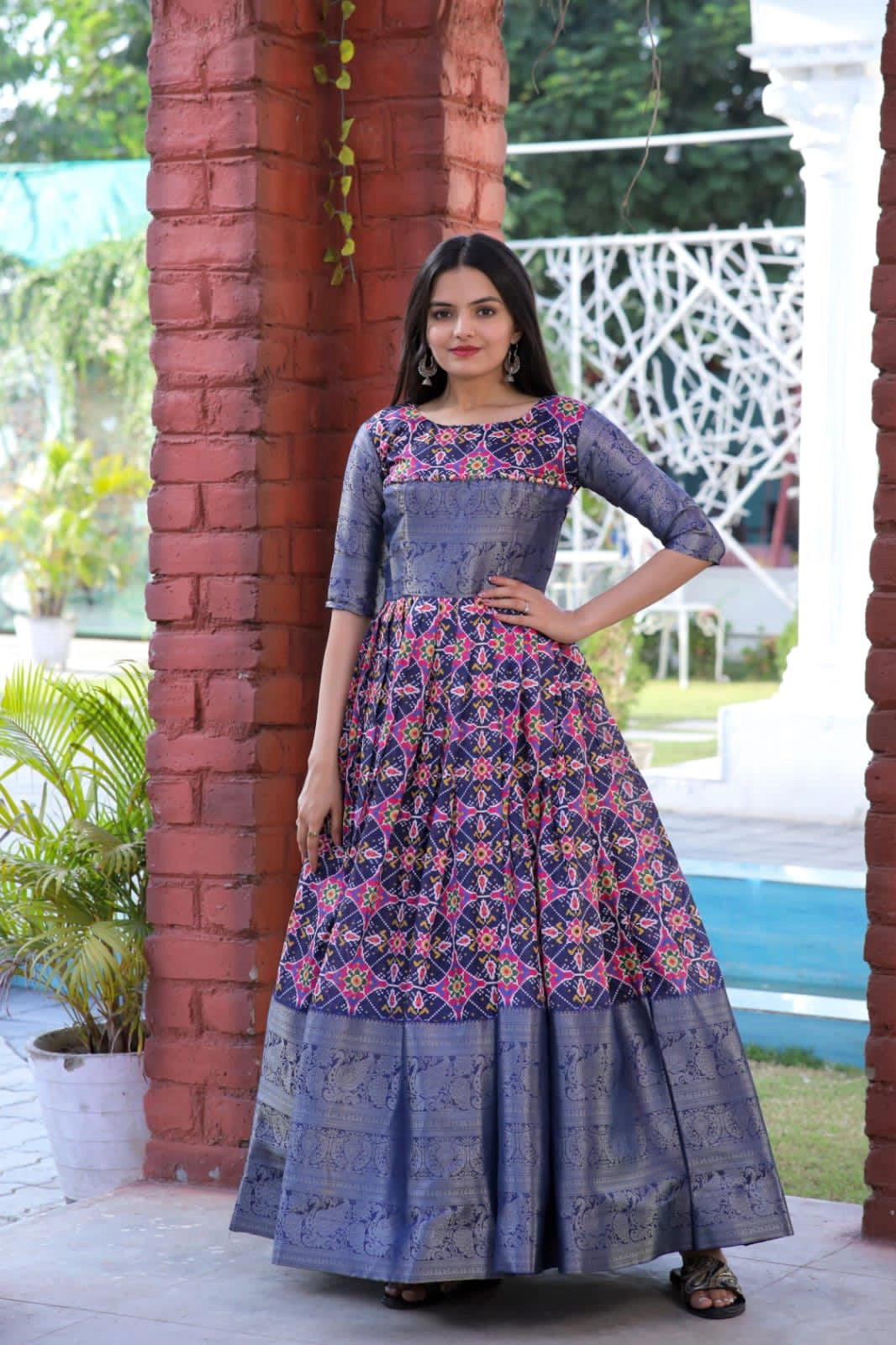 Beautiful Patola Print Jacquard Soft Silk Gown