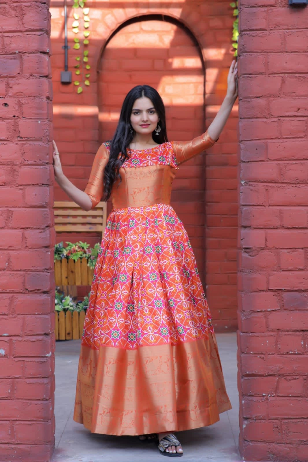 Beautiful Patola Print Jacquard Soft Silk Gown