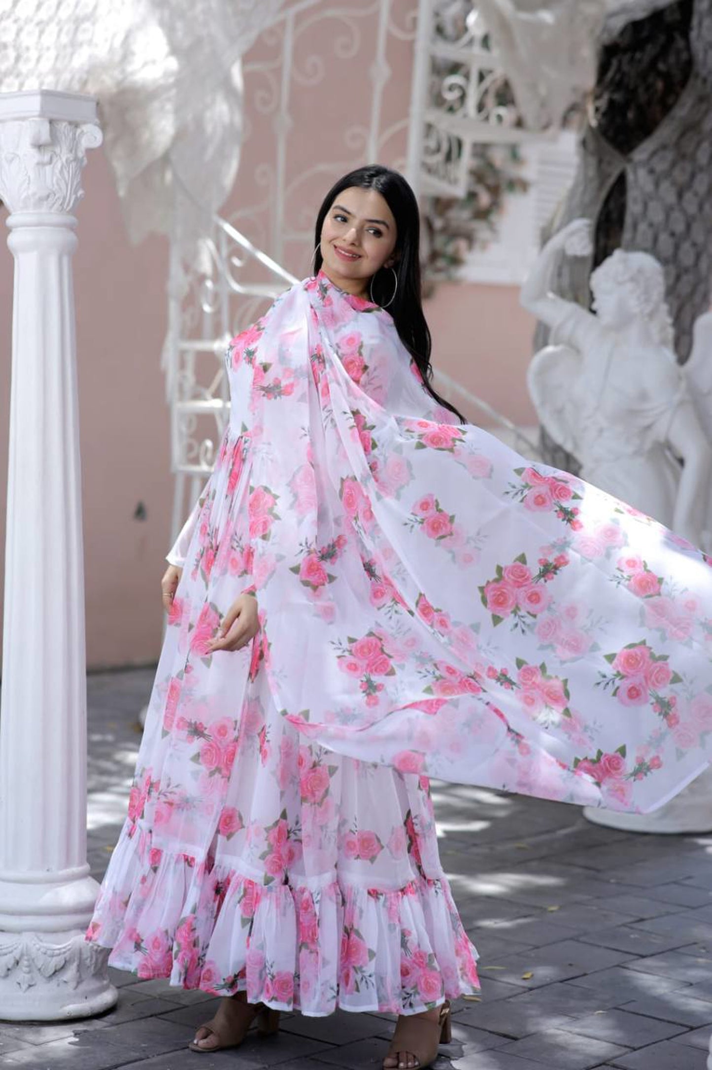 Tebby Silk Flower Print Gown with Dupatta