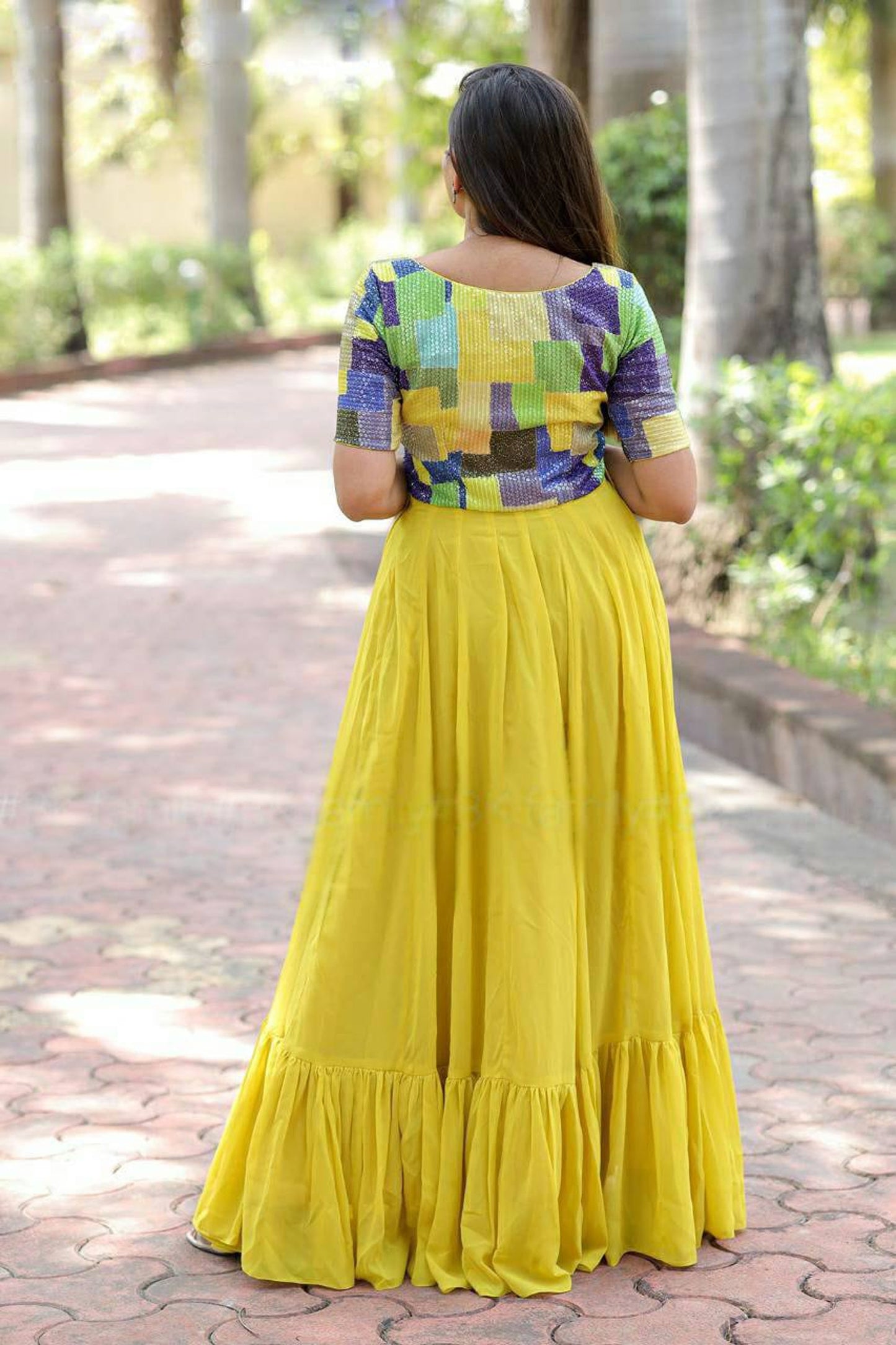 Yellow Faux Blooming Sequence Gown