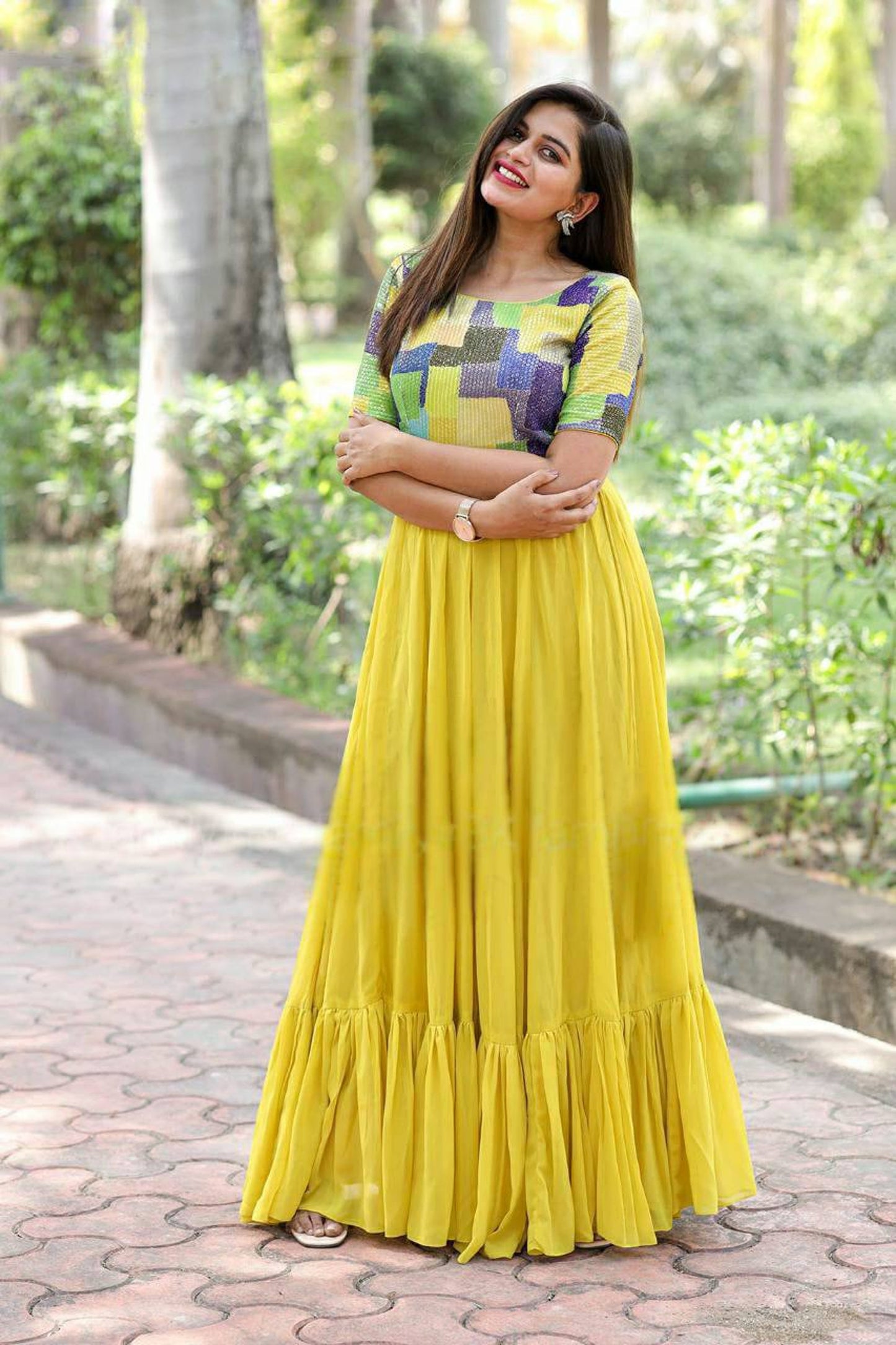 Yellow Faux Blooming Sequence Gown