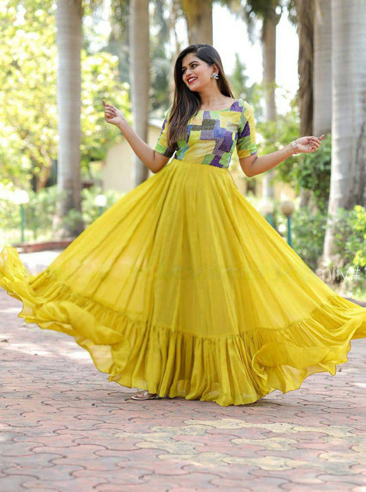 Yellow Faux Blooming Sequence Gown