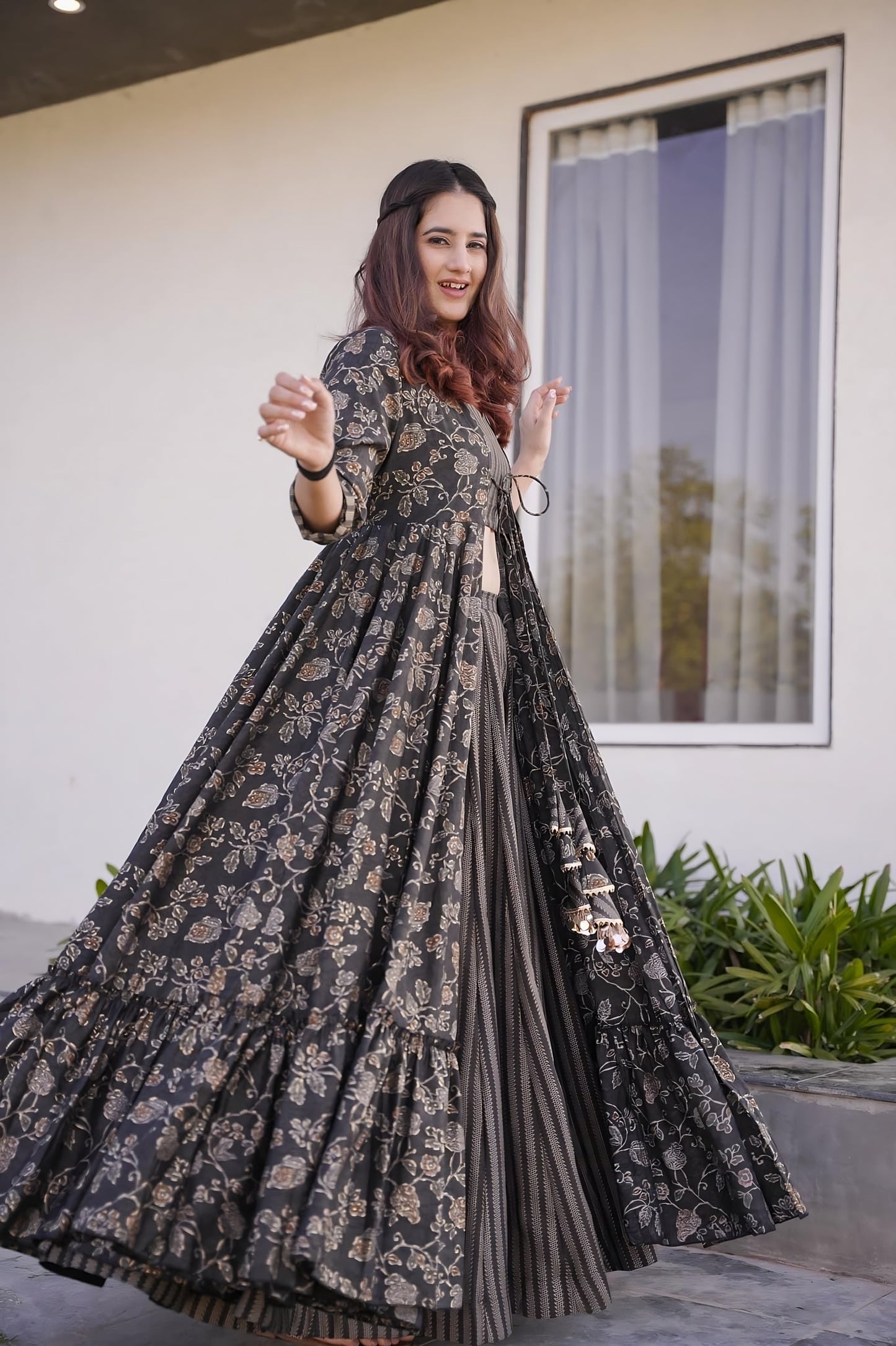 Charcoal Black Muslin Digital Printed Indowestern Suit