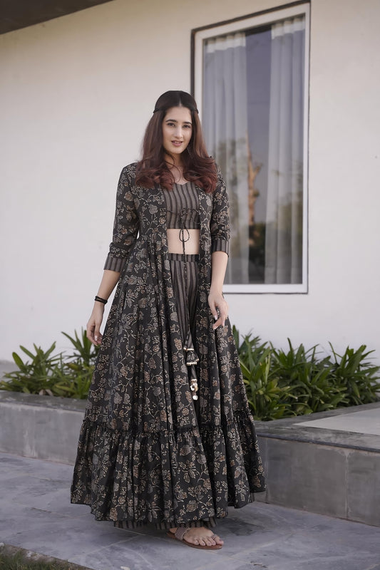 Charcoal Black Muslin Digital Printed Indowestern Suit