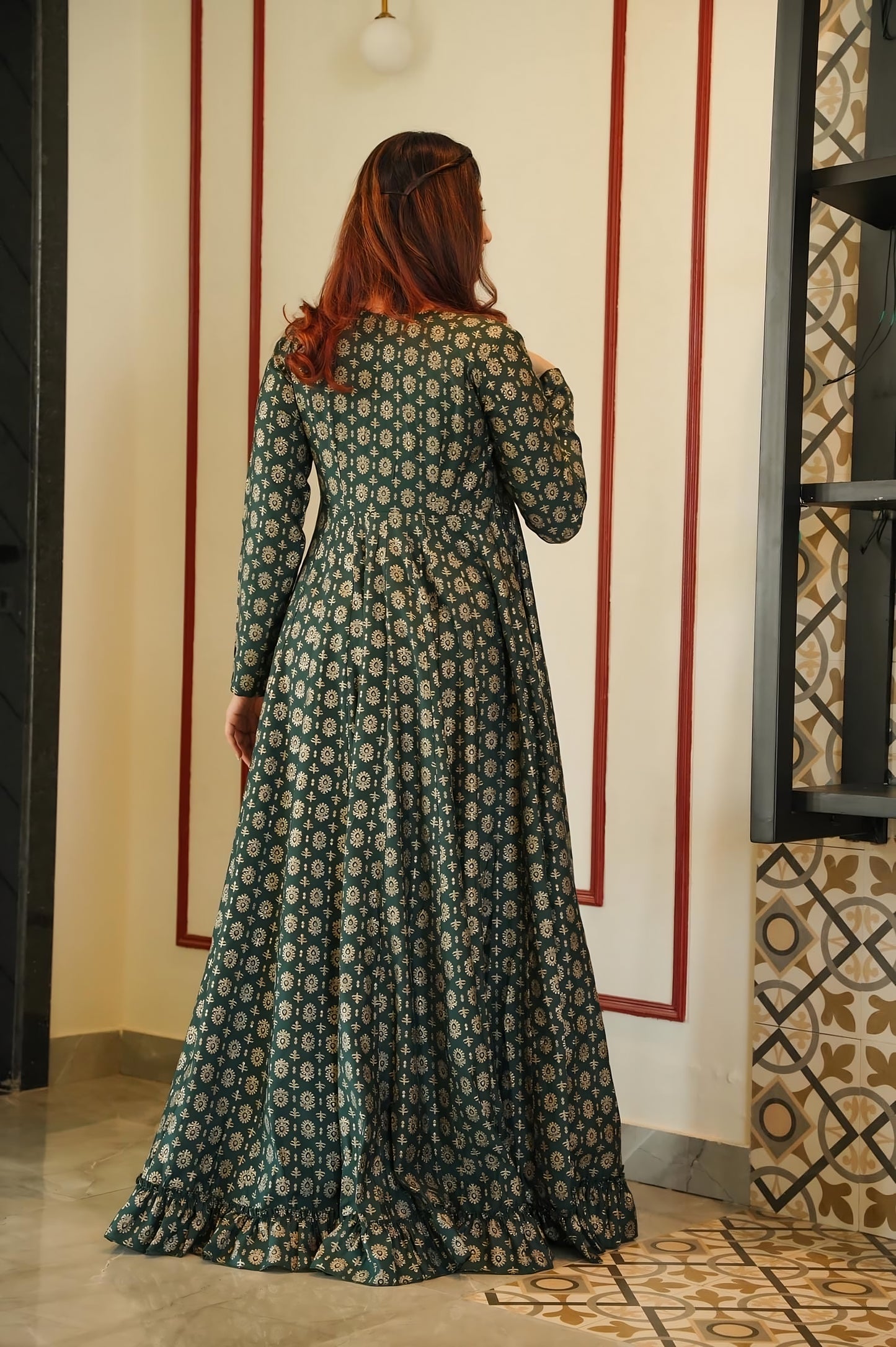 Deep Green Muslin Digital Printed Indowestern Suit