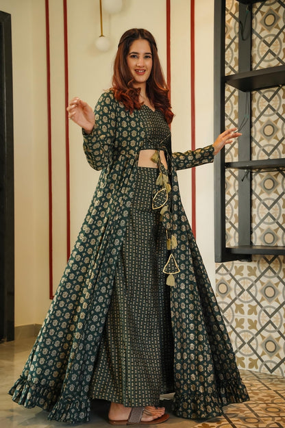 Deep Green Muslin Digital Printed Indowestern Suit