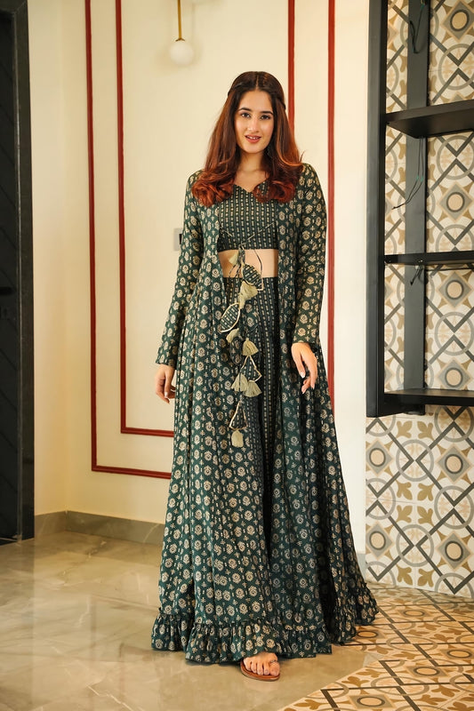 Deep Green Muslin Digital Printed Indowestern Suit