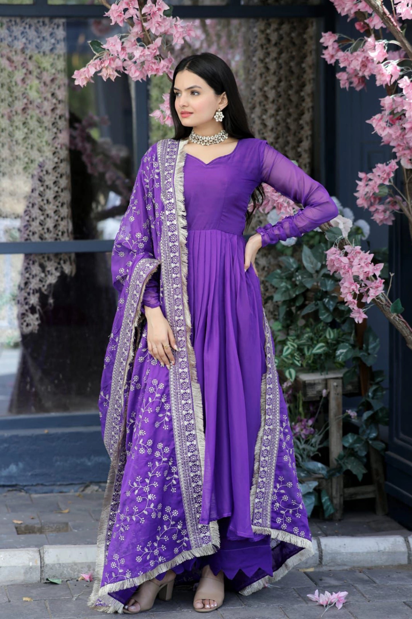 Embroidered Tebby Silk A Line Suit