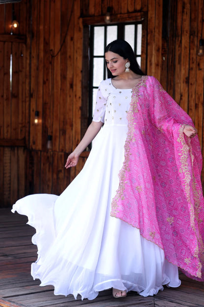 Fastival Special White Faux Georgette Gown With Embroidery