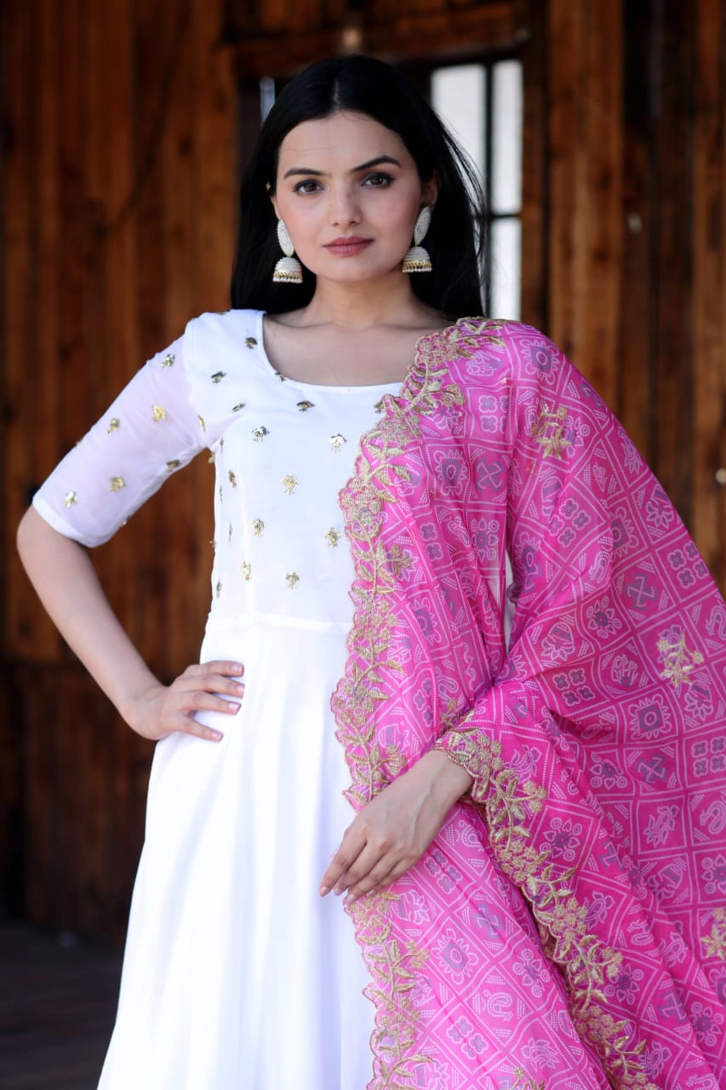 Fastival Special White Faux Georgette Gown With Embroidery