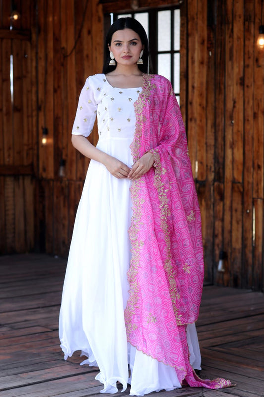 Fastival Special White Faux Georgette Gown With Embroidery