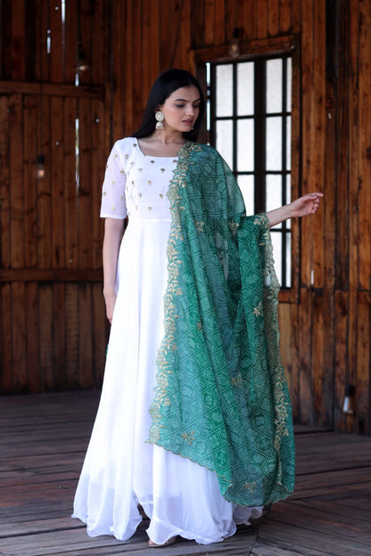 Fastival Special White Faux Georgette Gown With Embroidery