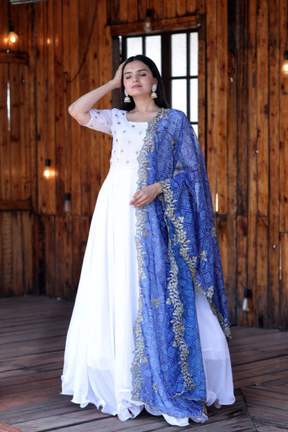 Fastival Special White Faux Georgette Gown With Embroidery