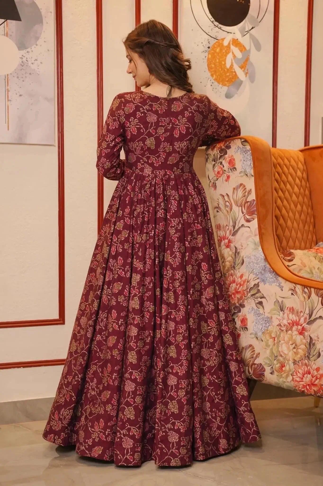 Maroon Maslin Digitally Printed Gown With Shrug