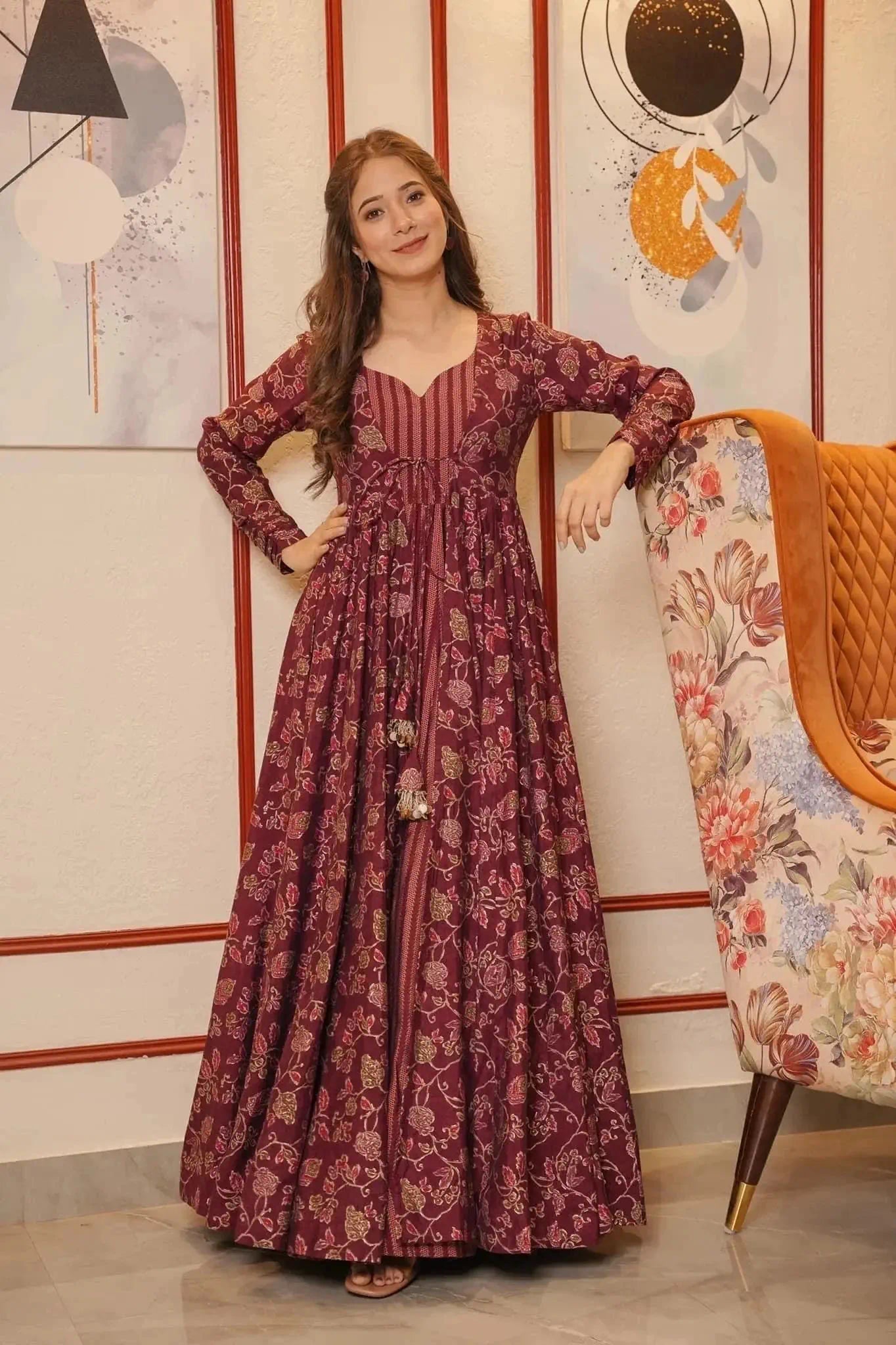 Maroon Maslin Digitally Printed Gown With Shrug