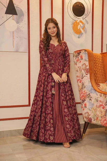 Maroon Maslin Digitally Printed Gown With Shrug