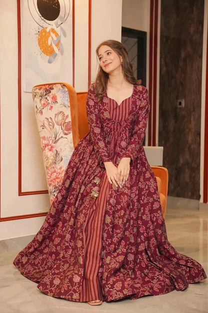 Maroon Maslin Digitally Printed Gown With Shrug