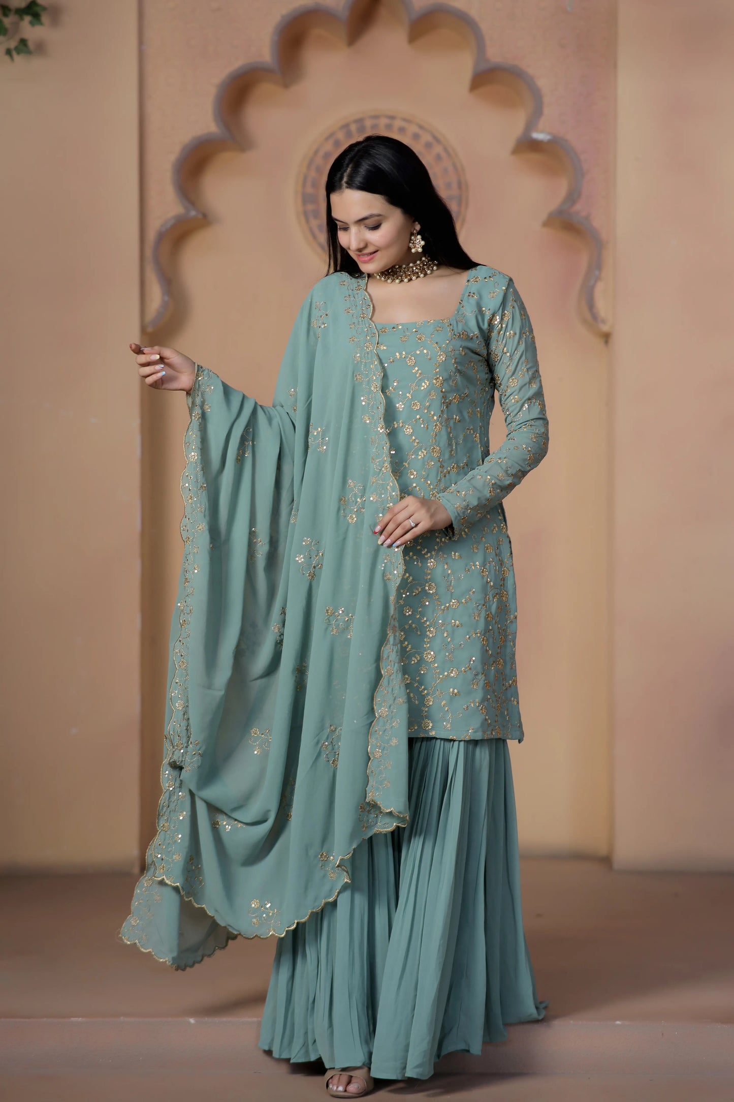 Premium Designer Zari & Sequence Work Sharara And Dupatta