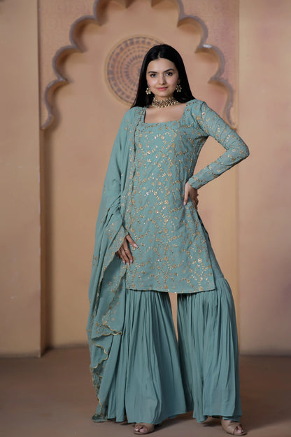 Premium Designer Zari & Sequence Work Sharara And Dupatta