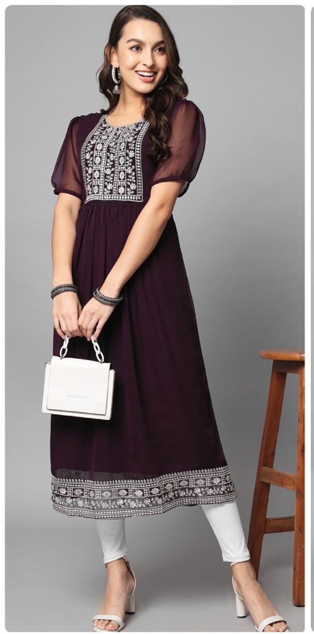 Floral Embroidery Georgette Flared Kurta