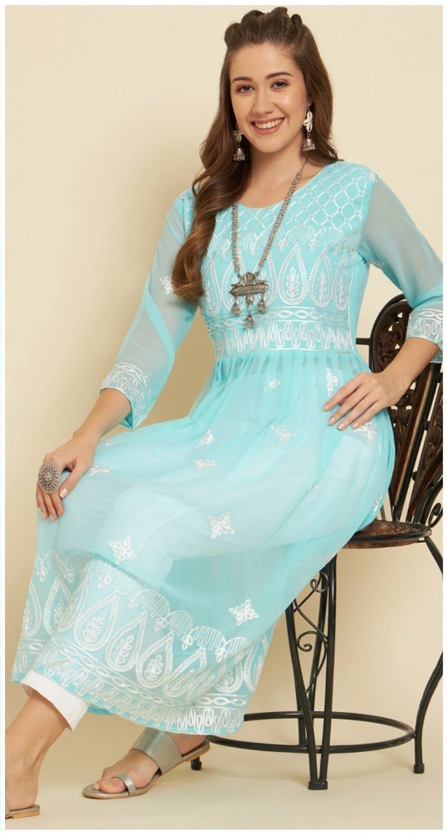 Womens Embroidered Georgette Flared Kurti