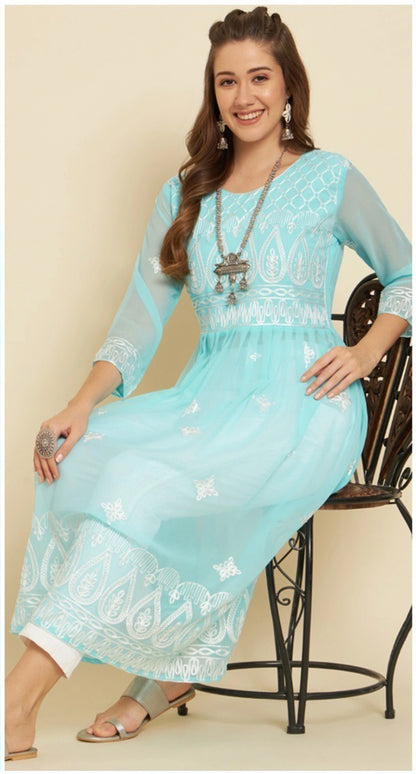 Womens Embroidered Georgette Flared Kurti