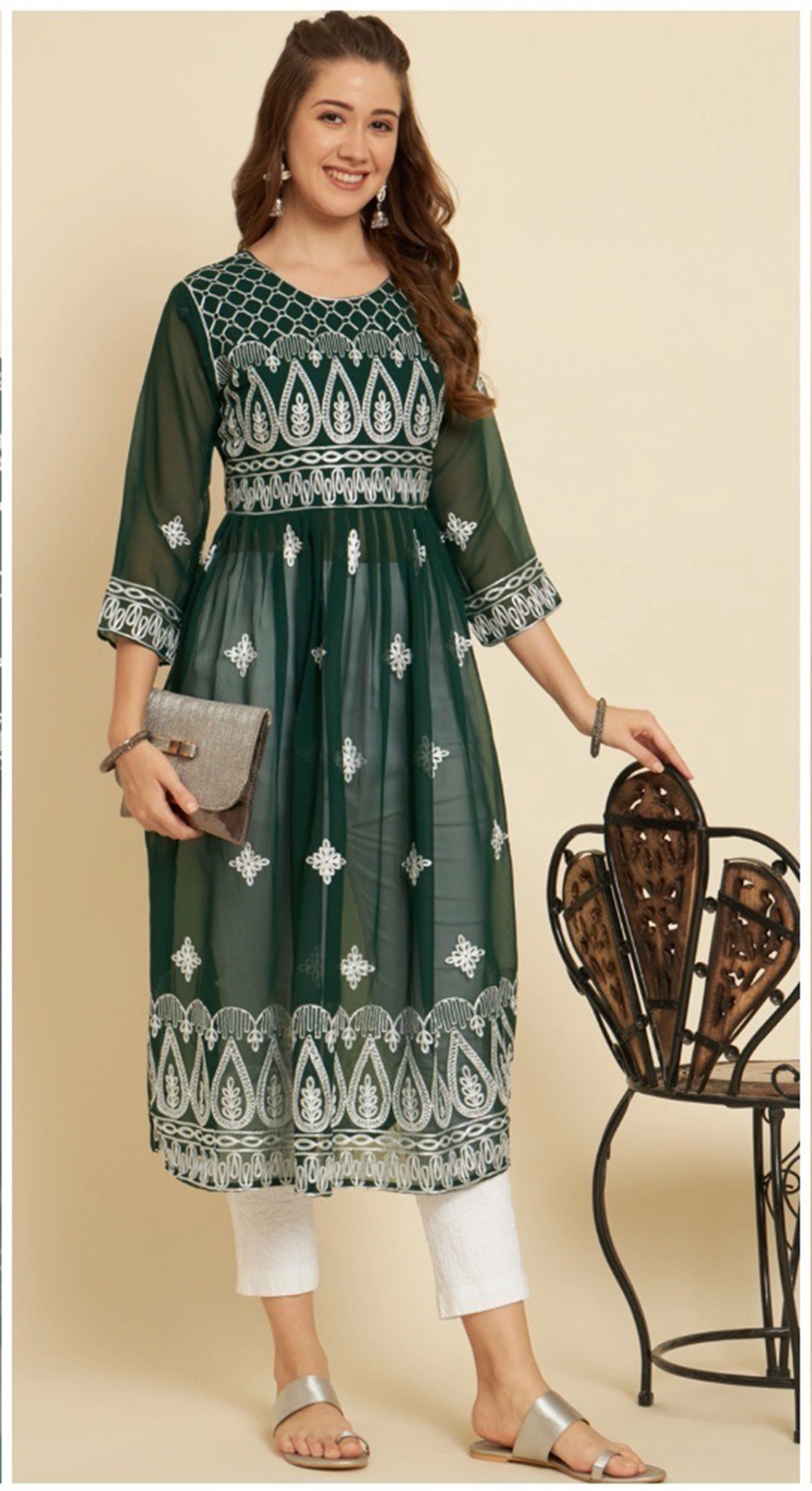 Womens Embroidered Georgette Flared Kurti