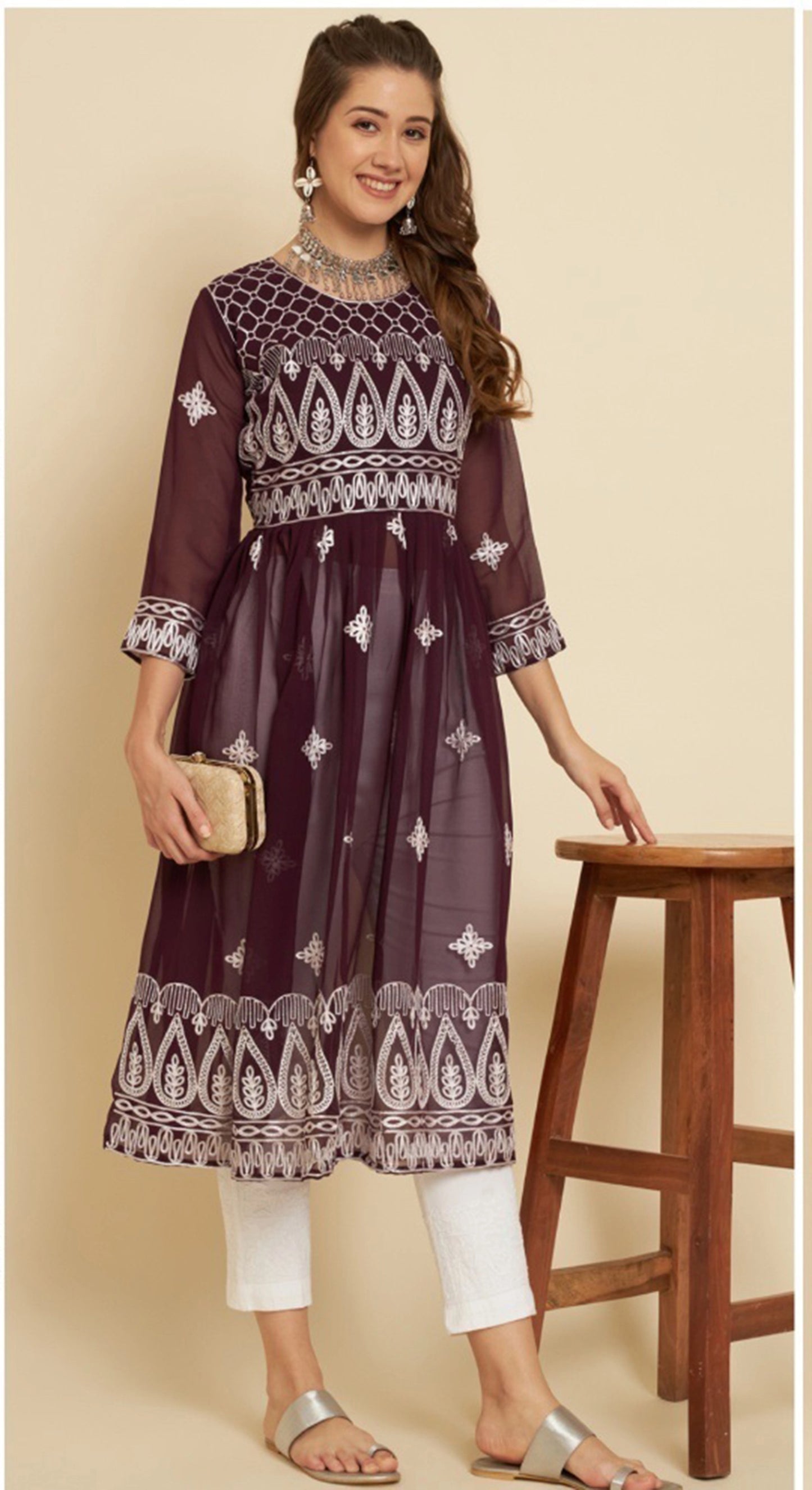 Womens Embroidered Georgette Flared Kurti