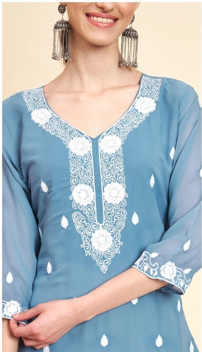 Lucknowi Chikankari Georgette Straight Kurti