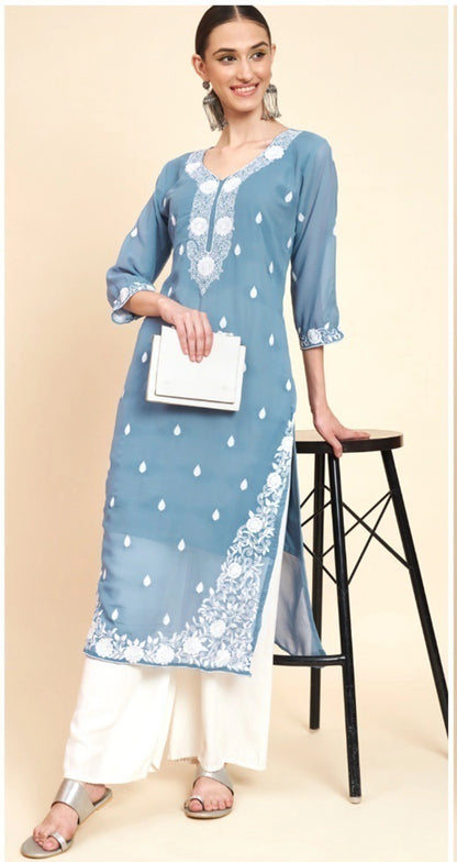 Lucknowi Chikankari Georgette Straight Kurti