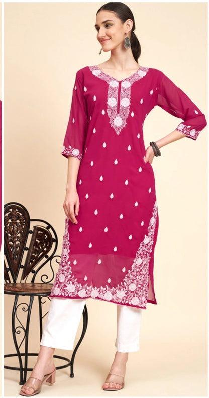 Lucknowi Chikankari Georgette Straight Kurti