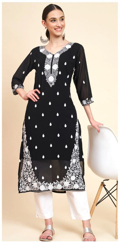 Lucknowi Chikankari Georgette Straight Kurti