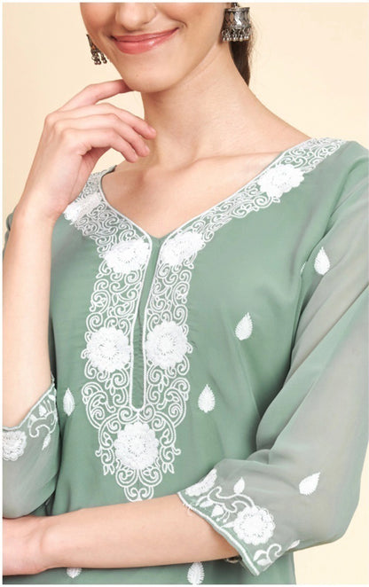 Lucknowi Chikankari Georgette Straight Kurti