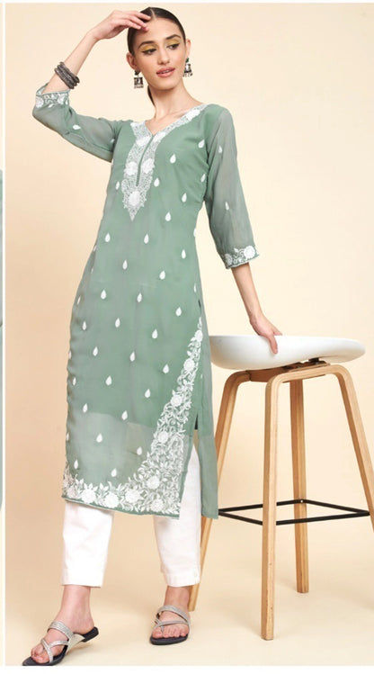 Lucknowi Chikankari Georgette Straight Kurti