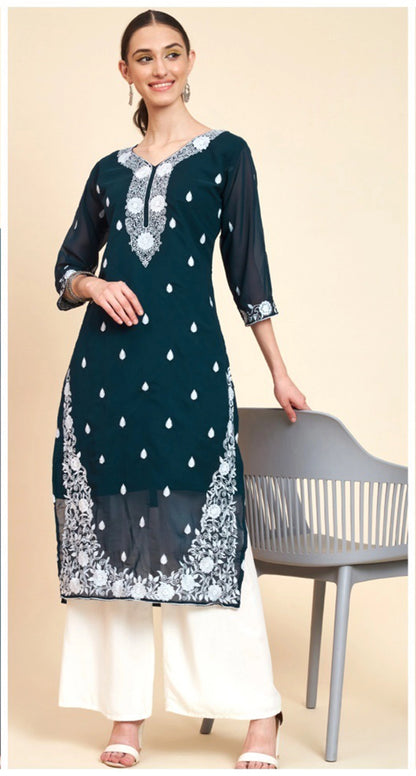 Lucknowi Chikankari Georgette Straight Kurti