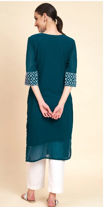 Women Georgette Embroidered Straight Kurta