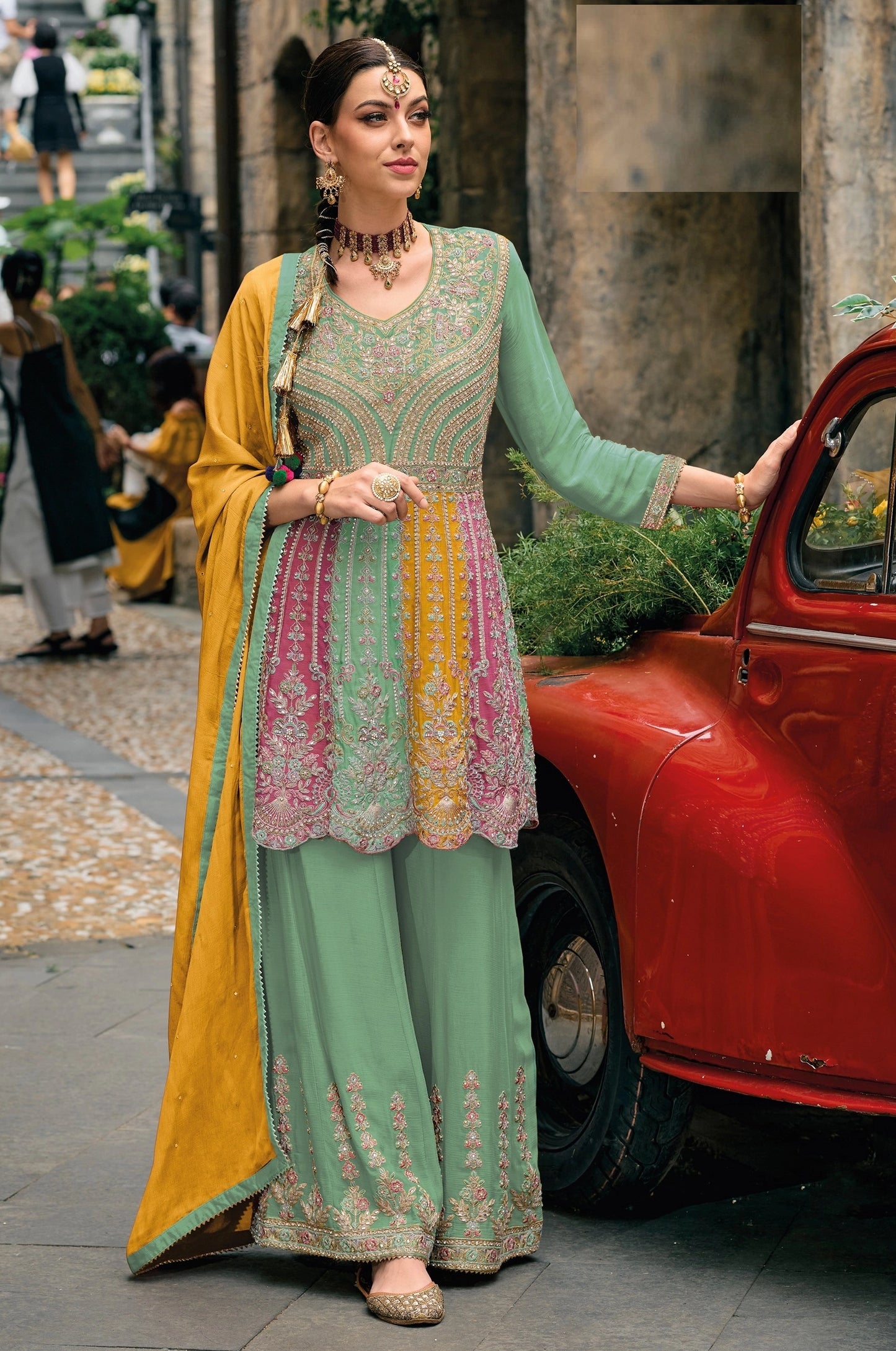 Chinon Fabric Embroidered Palazzo Suit